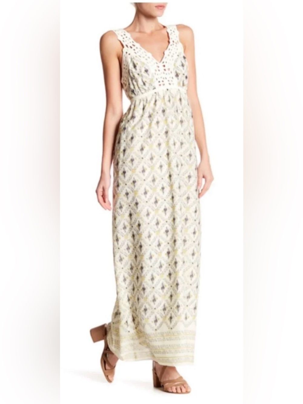 Max Studio Cream Yellow Crochet-Trim Maxi Dress Cottagecore Coastal Boho sz L